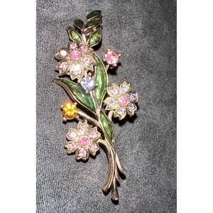 Vintage Floral Brooch Pin Womens OS Gold Pink Rhinestone Enamel